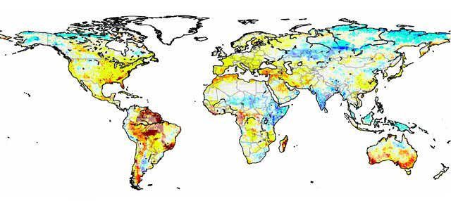 The map shows the projected change in terrestrial water storage by the end of the 21st century, compared to the 1975-2005 average, under a mid-range scenario for global warming. A continuum of yellow to orange to dark red reflects increasing severity of loss of stored water; teal to blue to dark blue reflects increasing gains in stored water. 