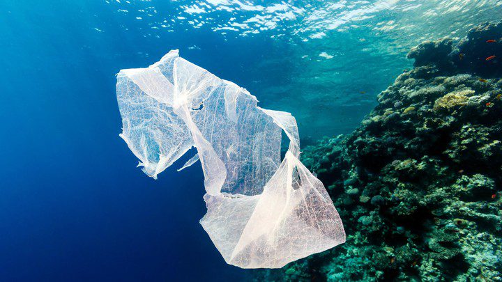 D1J9RY A discarded plastic bag drifts in the ocean next to a tropical coral reef